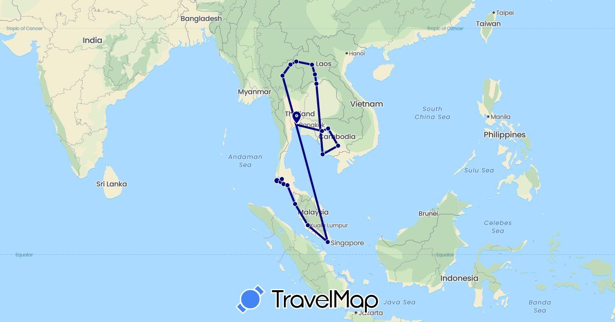 TravelMap itinerary: driving in Cambodia, Laos, Malaysia, Singapore, Thailand (Asia)